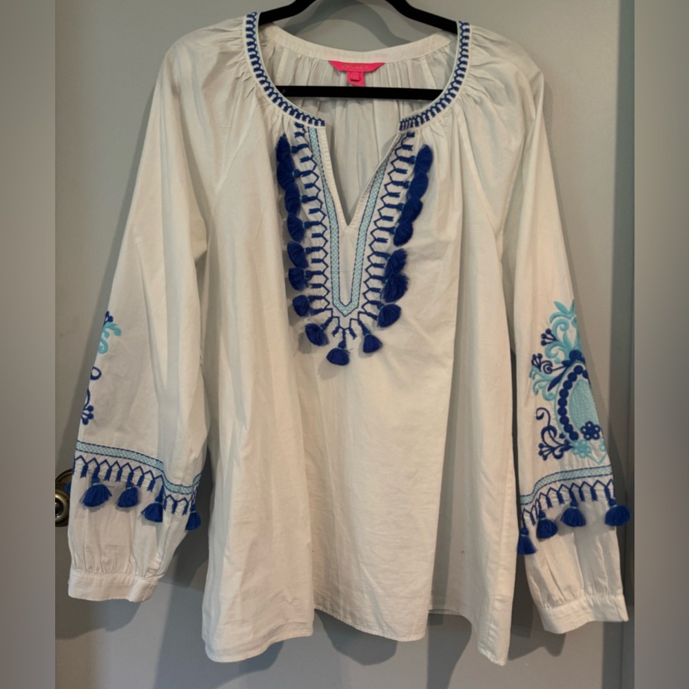 Lilly Pulitzer White and Blue Embroidered Boho tunic with tassels Sz XL